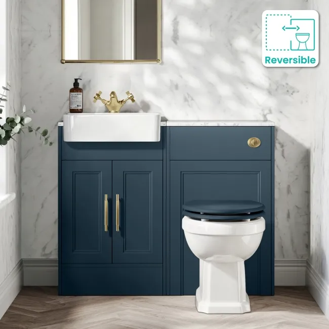 Monaco Navy Blue Combination Vanity Basin with Marble Top & Hudson Toilet with Wooden Seat 1000mm - Brass Knurled Handles
