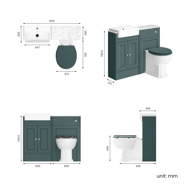Monaco Mystic Green Combination Vanity Basin with Marble Top & Hudson Toilet with Wooden Seat 1000mm