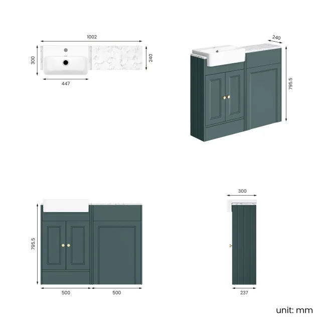 Monaco Mystic Green Combination Vanity Basin with Marble Top 1000mm (Excludes Pan & Cistern) - Brushed Brass Accents
