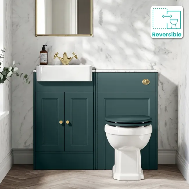 Monaco Mystic Green Combination Vanity Basin with Marble Top & Hudson Toilet with Wooden Seat 1000mm - Brushed Brass Accents