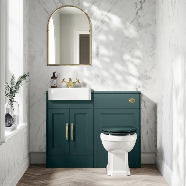 Monaco Mystic Green Basin Vanity and Back To Wall Toilet Unit 1000mm (Excludes Pan & Cistern) - Brass Knurled Handles