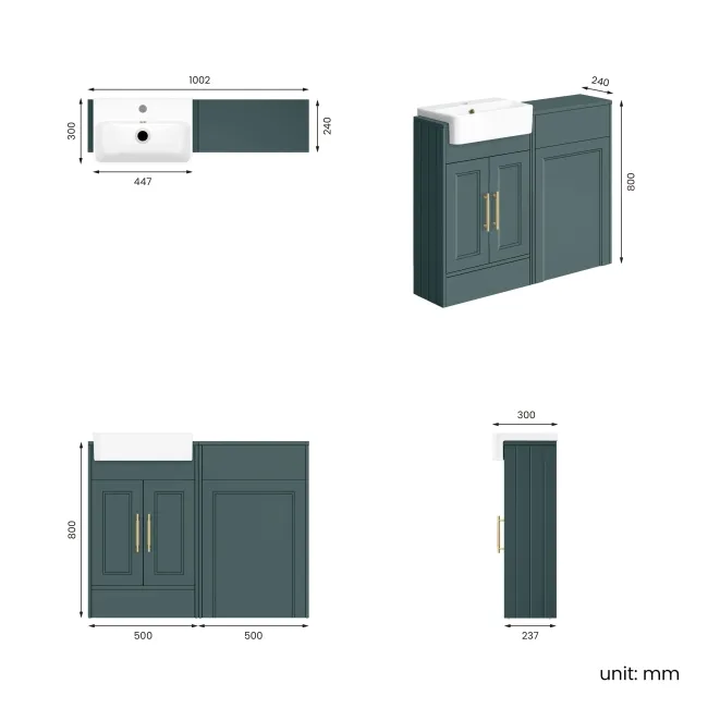 Monaco Mystic Green Basin Vanity and Back To Wall Toilet Unit 1000mm (Excludes Pan & Cistern) - Brass Knurled Handles