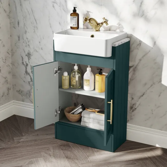 Monaco Mystic Green Combination Vanity Basin with Marble Top 1000mm (Excludes Pan & Cistern) - Brass Knurled Handles