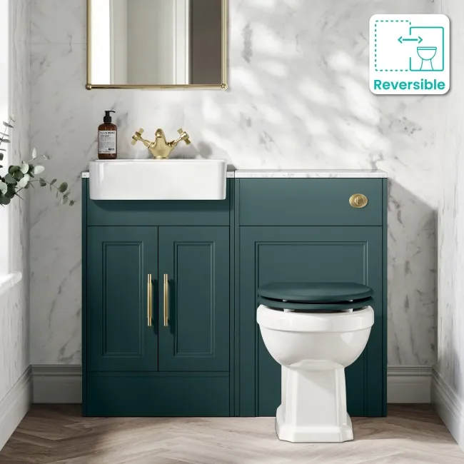 Monaco Mystic Green Combination Vanity Basin with Marble Top & Hudson Toilet with Wooden Seat 1000mm - Brass Knurled Handles