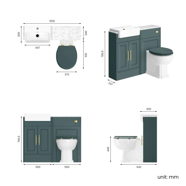 Monaco Mystic Green Combination Vanity Basin with Marble Top & Hudson Toilet with Wooden Seat 1000mm - Brass Knurled Handles