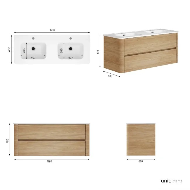 Jerez Country Oak Wall Hung Double Basin Drawer Vanity 1200mm