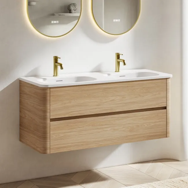 Jerez Country Oak Wall Hung Drawer Vanity with Matt White Double Basin 1200mm