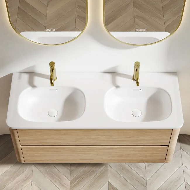 Jerez Country Oak Wall Hung Drawer Vanity with Matt White Double Basin 1200mm