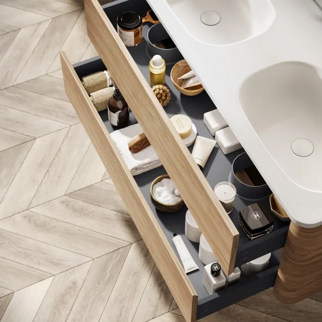 Jerez Country Oak Wall Hung Drawer Vanity with Matt White Double Basin 1200mm