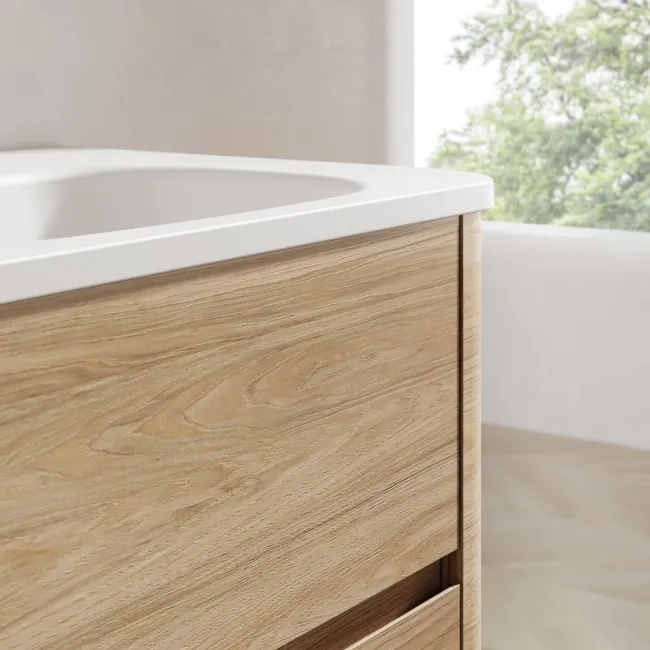 Jerez Country Oak Wall Hung Drawer Vanity with Matt White Double Basin 1200mm