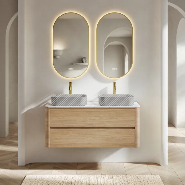Jerez Country Oak Double Wall Hung Drawer Vanity with Marble Top 1200mm - Excludes Basin