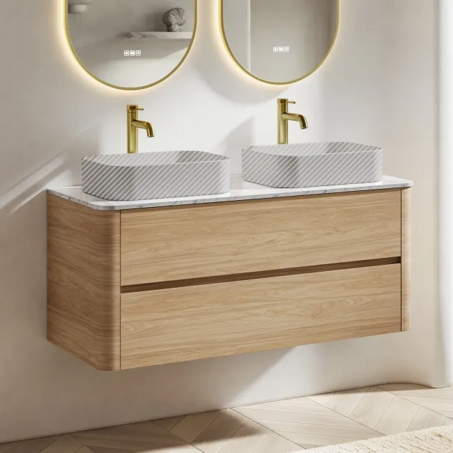 Jerez Country Oak Double Wall Hung Drawer Vanity with Marble Top 1200mm - Excludes Basin