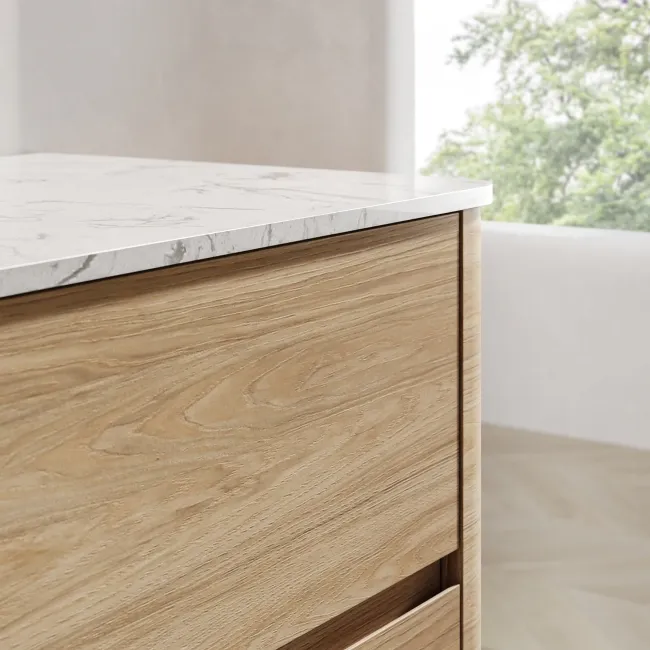 Jerez Country Oak Double Wall Hung Drawer Vanity with Marble Top 1200mm - Excludes Basin