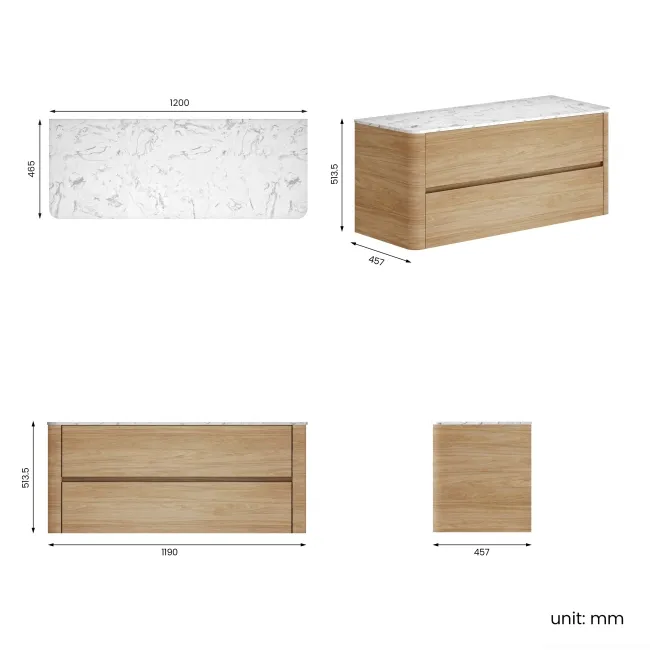 Jerez Country Oak Double Wall Hung Drawer Vanity with Marble Top 1200mm - Excludes Basin