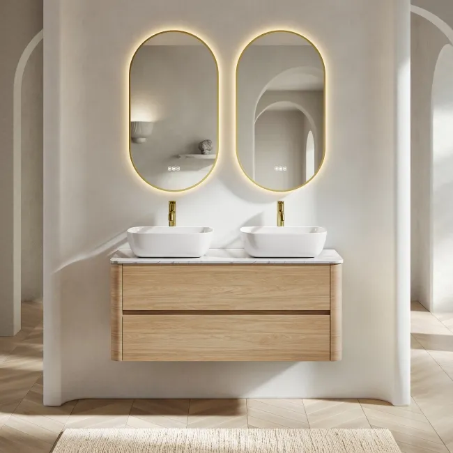Jerez Country Oak Double Wall Hung Drawer Vanity with Marble Top & Curved Basin 1200mm