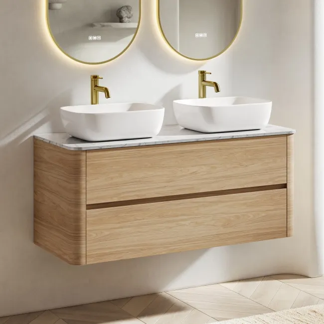 Jerez Country Oak Double Wall Hung Drawer Vanity with Marble Top & Curved Basin 1200mm