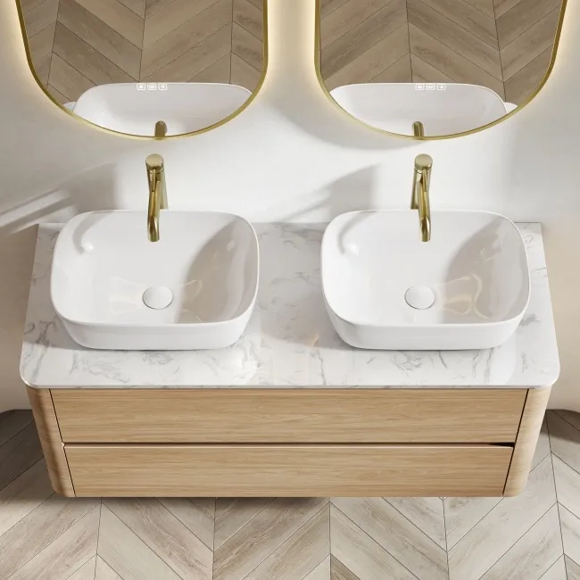 Jerez Country Oak Double Wall Hung Drawer Vanity with Marble Top & Curved Basin 1200mm
