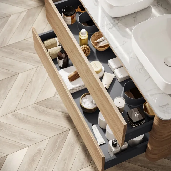 Jerez Country Oak Double Wall Hung Drawer Vanity with Marble Top & Curved Basin 1200mm