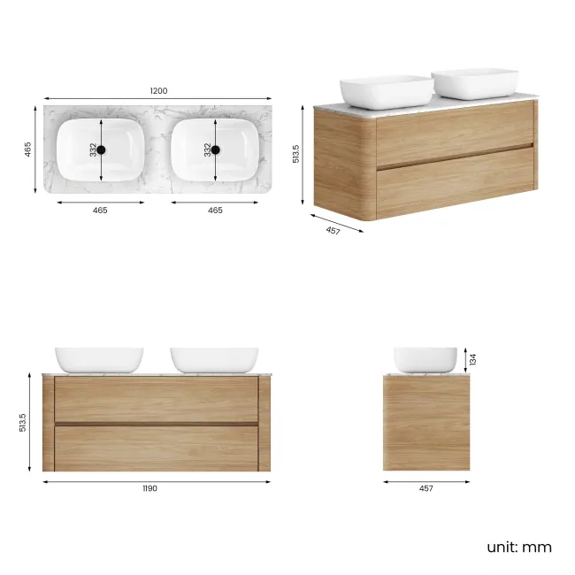 Jerez Country Oak Double Wall Hung Drawer Vanity with Marble Top & Curved Basin 1200mm