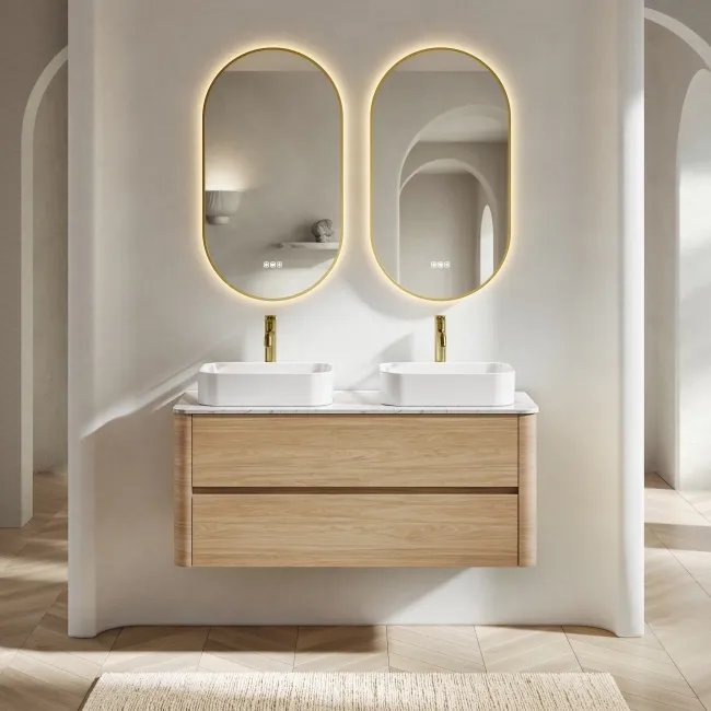 Jerez Country Oak Double Wall Hung Drawer Vanity with Marble Top & Marin Basin 1200mm