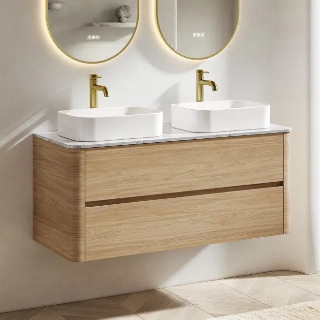 Jerez Country Oak Double Wall Hung Drawer Vanity with Marble Top & Marin Basin 1200mm