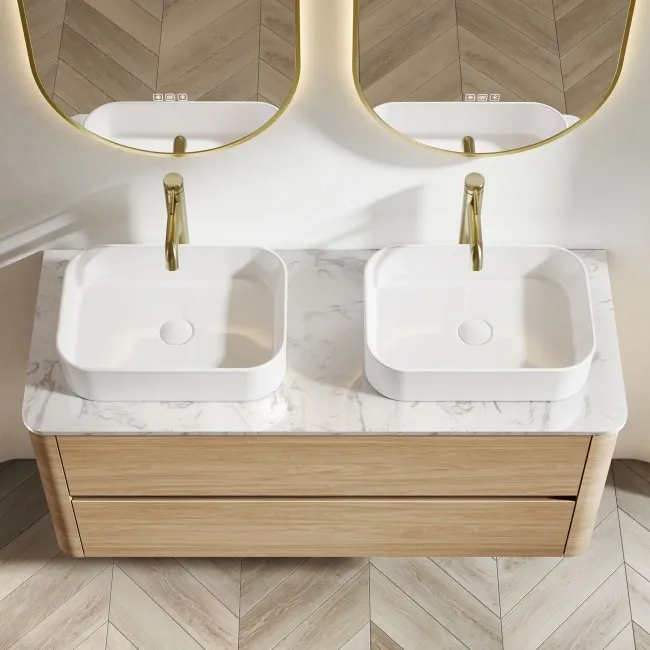 Jerez Country Oak Double Wall Hung Drawer Vanity with Marble Top & Marin Basin 1200mm