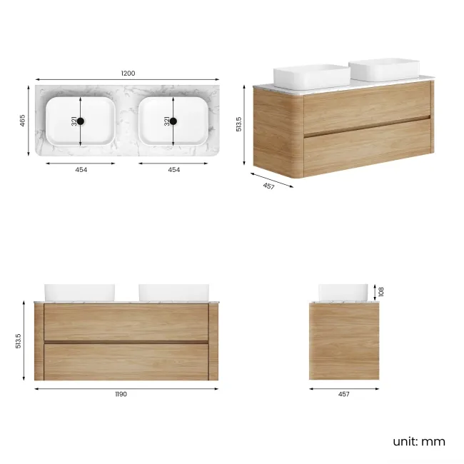 Jerez Country Oak Double Wall Hung Drawer Vanity with Marble Top & Marin Basin 1200mm
