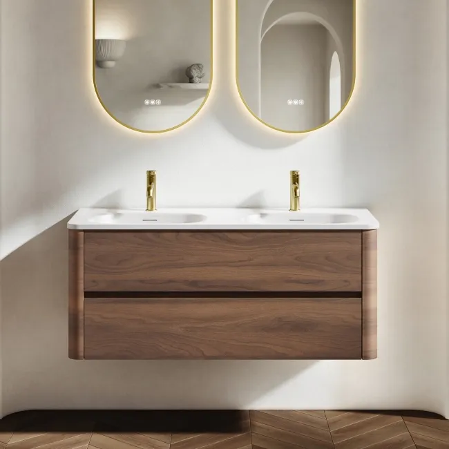 Jerez Black Walnut Wall Hung Drawer Vanity with Matt White Double Basin 1200mm