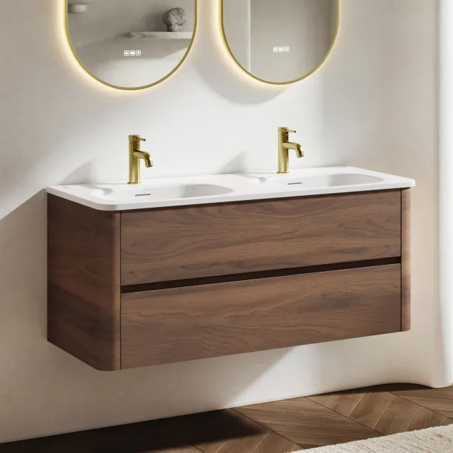 Jerez Black Walnut Wall Hung Drawer Vanity with Matt White Double Basin 1200mm