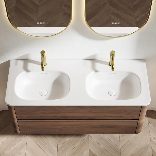 Jerez Black Walnut Wall Hung Drawer Vanity with Matt White Double Basin 1200mm