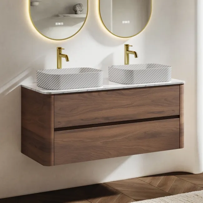 Jerez Black Walnut Double Wall Hung Drawer Vanity with Marble Top 1200mm - Excludes Basin