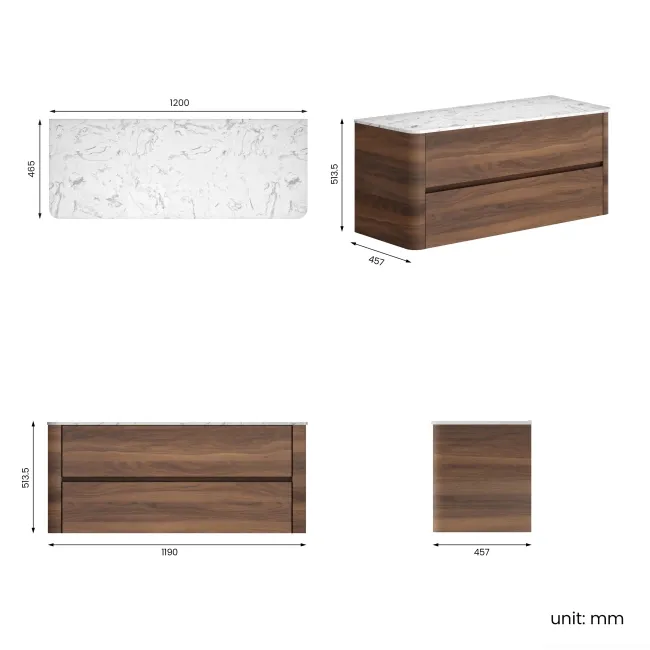 Jerez Black Walnut Double Wall Hung Drawer Vanity with Marble Top 1200mm - Excludes Basin