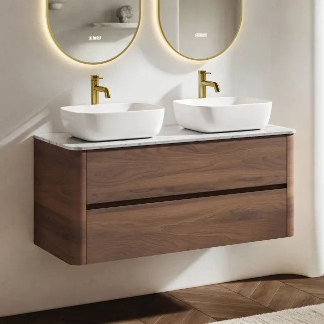 Jerez Black Walnut Double Wall Hung Drawer Vanity with Marble Top & Curved Basin 1200mm
