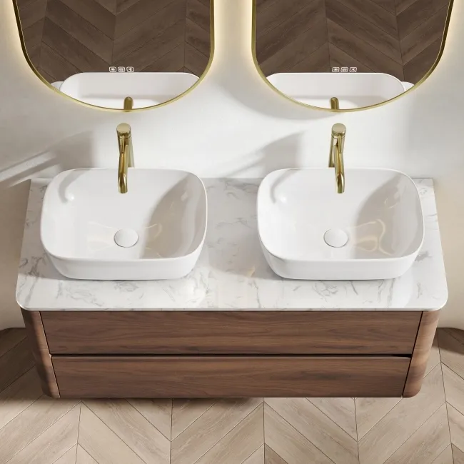 Jerez Black Walnut Double Wall Hung Drawer Vanity with Marble Top & Curved Basin 1200mm
