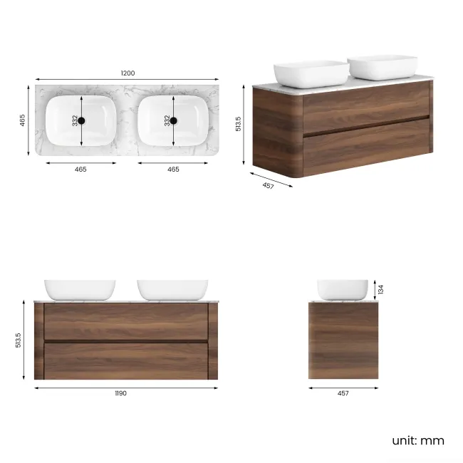 Jerez Black Walnut Double Wall Hung Drawer Vanity with Marble Top & Curved Basin 1200mm