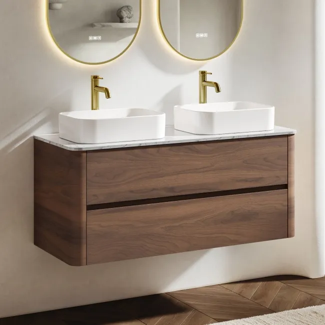 Jerez Black Walnut Double Wall Hung Drawer Vanity with Marble Top & Marin Basin 1200mm