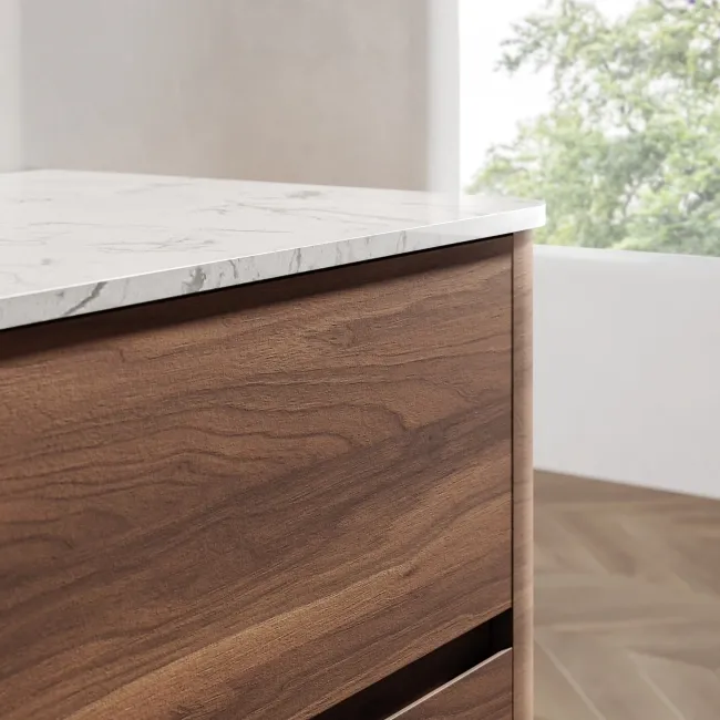 Jerez Black Walnut Double Wall Hung Drawer Vanity with Marble Top & Marin Basin 1200mm