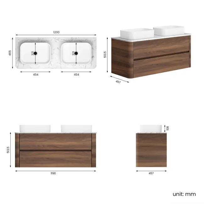 Jerez Black Walnut Double Wall Hung Drawer Vanity with Marble Top & Marin Basin 1200mm
