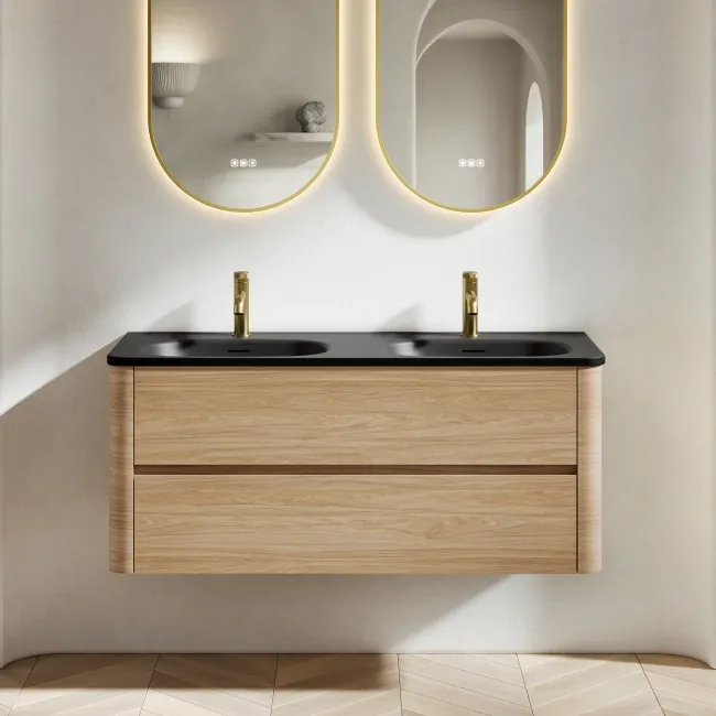Jerez Country Oak Wall Hung Drawer Vanity with Black Double Basin 1200mm