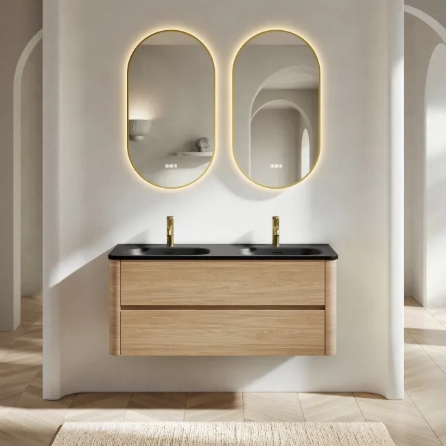 Jerez Country Oak Wall Hung Drawer Vanity with Black Double Basin 1200mm