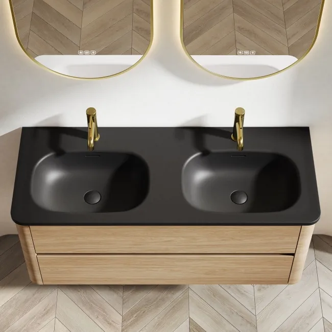 Jerez Country Oak Wall Hung Drawer Vanity with Black Double Basin 1200mm