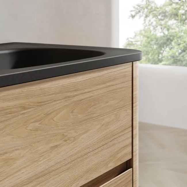 Jerez Country Oak Wall Hung Drawer Vanity with Black Double Basin 1200mm