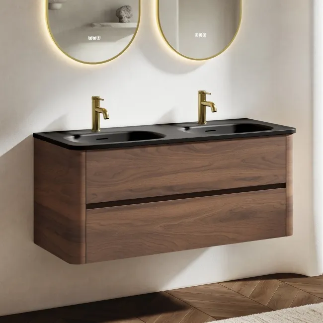 Jerez Black Walnut Wall Hung Drawer Vanity with Black Double Basin 1200mm