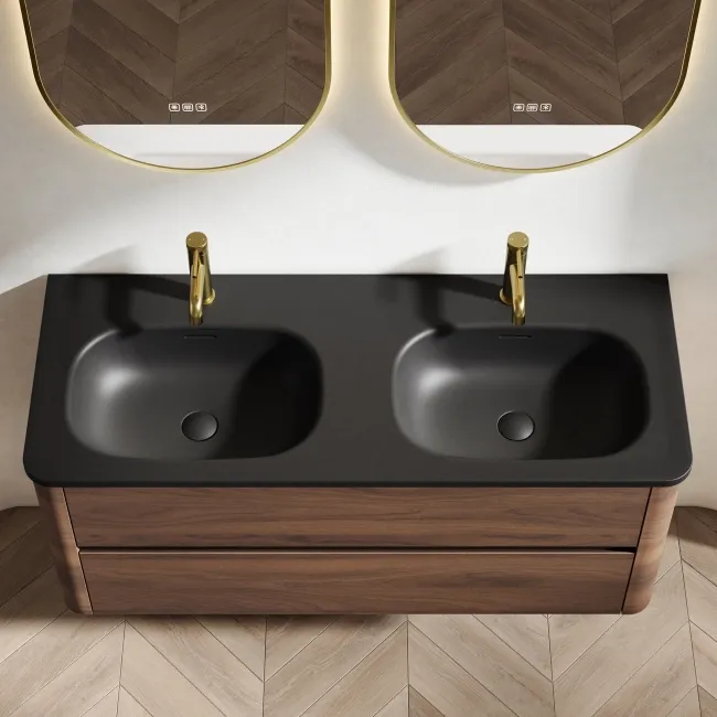 Jerez Black Walnut Wall Hung Drawer Vanity with Black Double Basin 1200mm