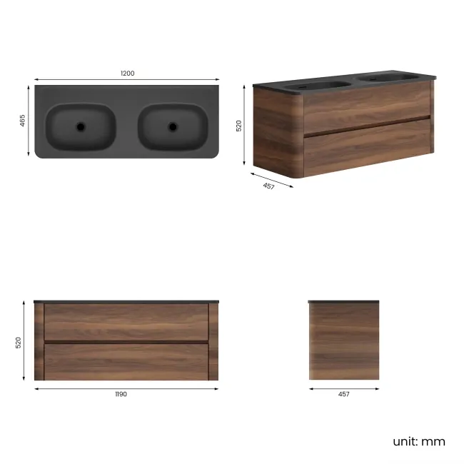 Jerez Black Walnut Wall Hung Drawer Vanity with Black Double Basin 1200mm