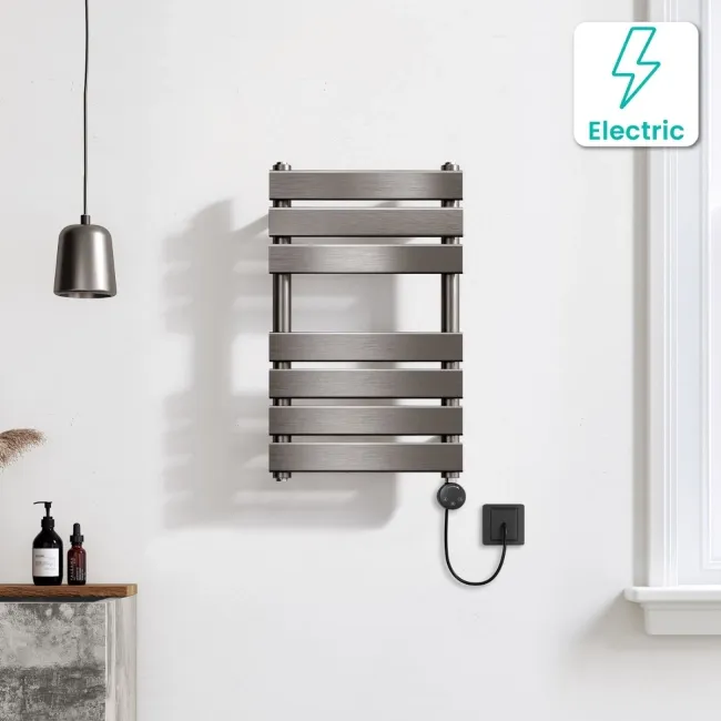 Santorini Electric Brushed Gunmetal Flat Panel Heated Towel Rail 650x400mm