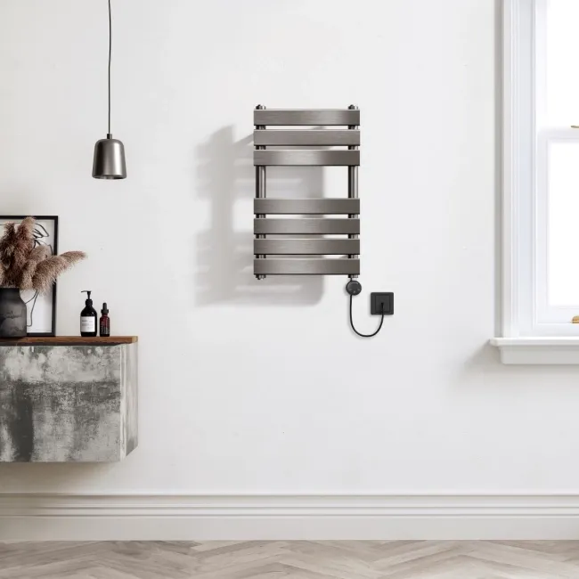 Santorini Electric Brushed Gunmetal Flat Panel Heated Towel Rail 650x400mm