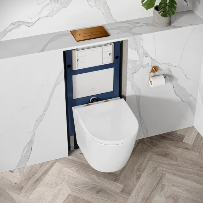 Idaho Pneumatic Top & Front Compact Wall Hung Toilet Frame and Concealed Cistern with Brushed Copper Flush Plate - Square Buttons