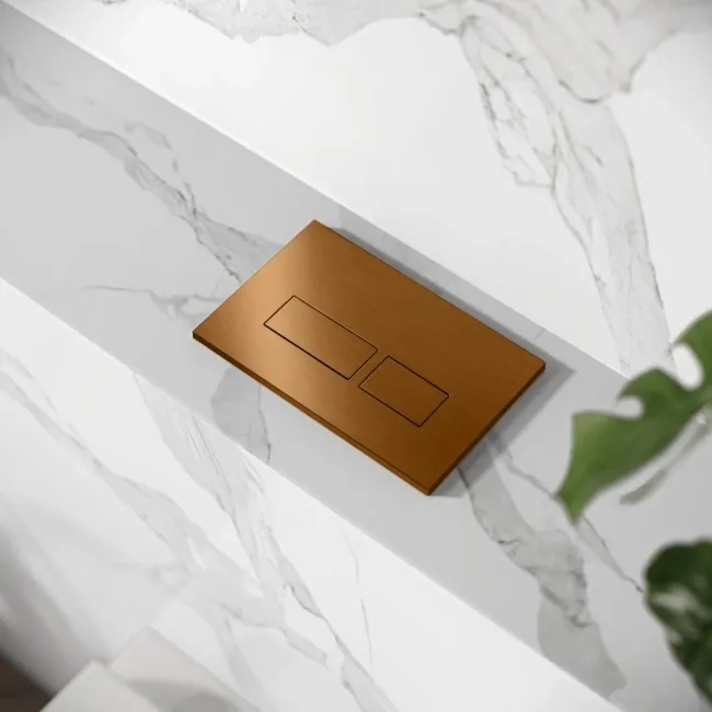 Idaho Pneumatic Top & Front Compact Wall Hung Toilet Frame and Concealed Cistern with Brushed Copper Flush Plate - Square Buttons