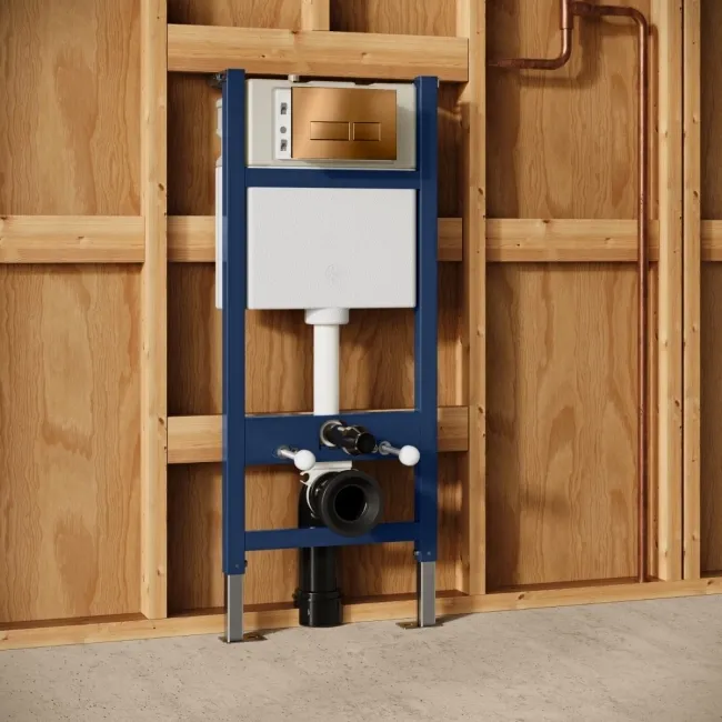 Idaho Pneumatic Wall Hung Toilet Frame and Concealed Cistern with Brushed Copper Flush Plate - Square Buttons